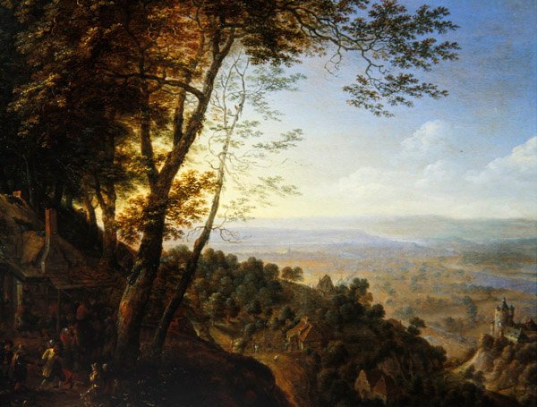 Et skovklædt landskab med bønder ved et sommerhus (olie på panel) af Herman the Younger Saftleven