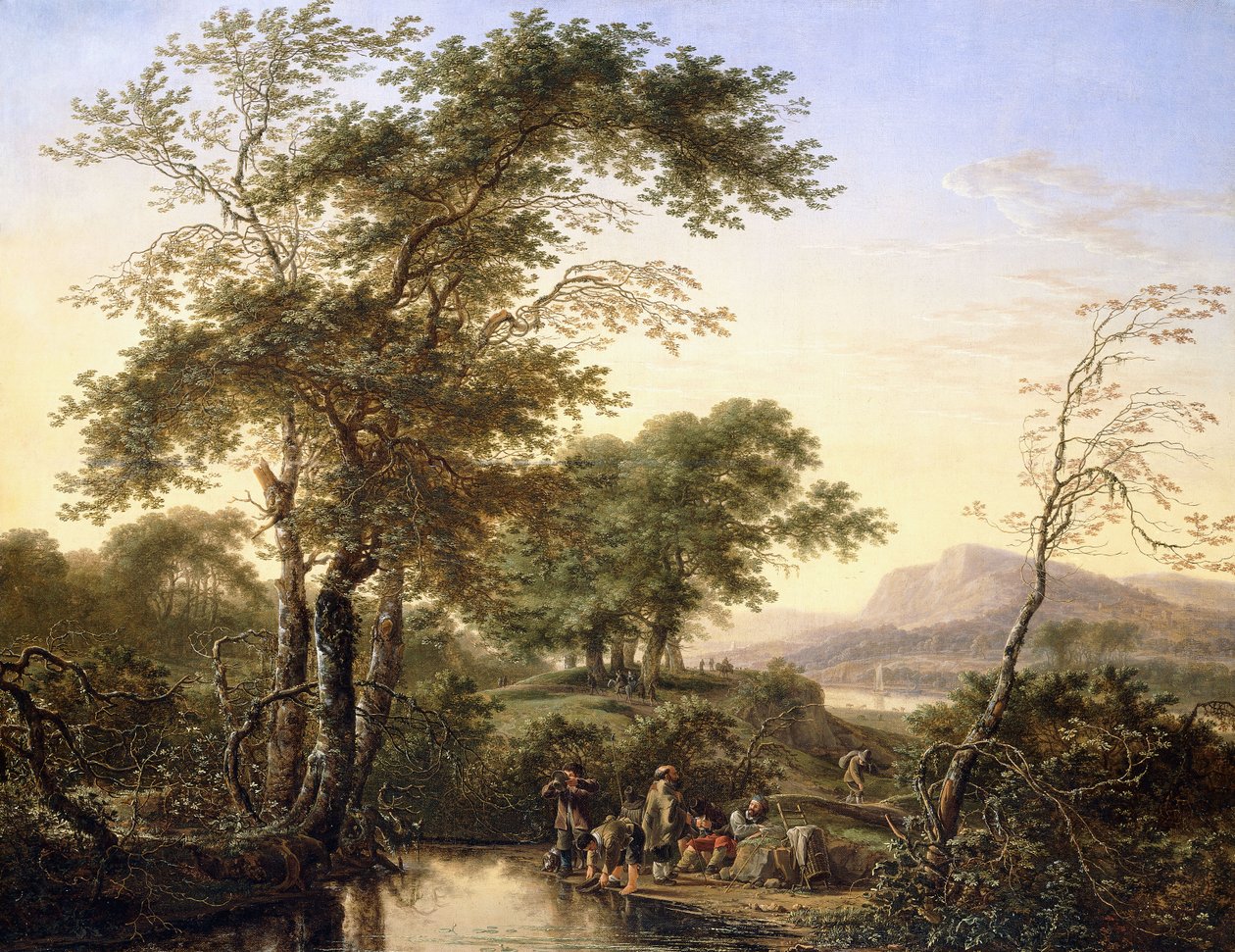 Et omfattende italiensk flodlandskab med rejsende ved en pool, 1646 af Herman the Younger Saftleven