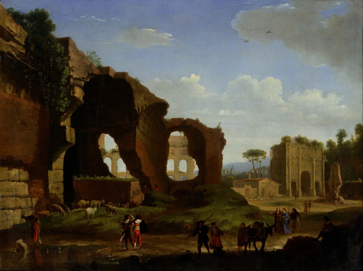 Udsigt over Rom med Venus og det romerske tempel og Konstantins triumfbue. af Herman van Swanevelt