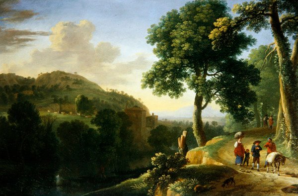Et italiensk landskab med rejsende og et æsel, ca.1640 (olie på lærred) af Herman van Swanevelt