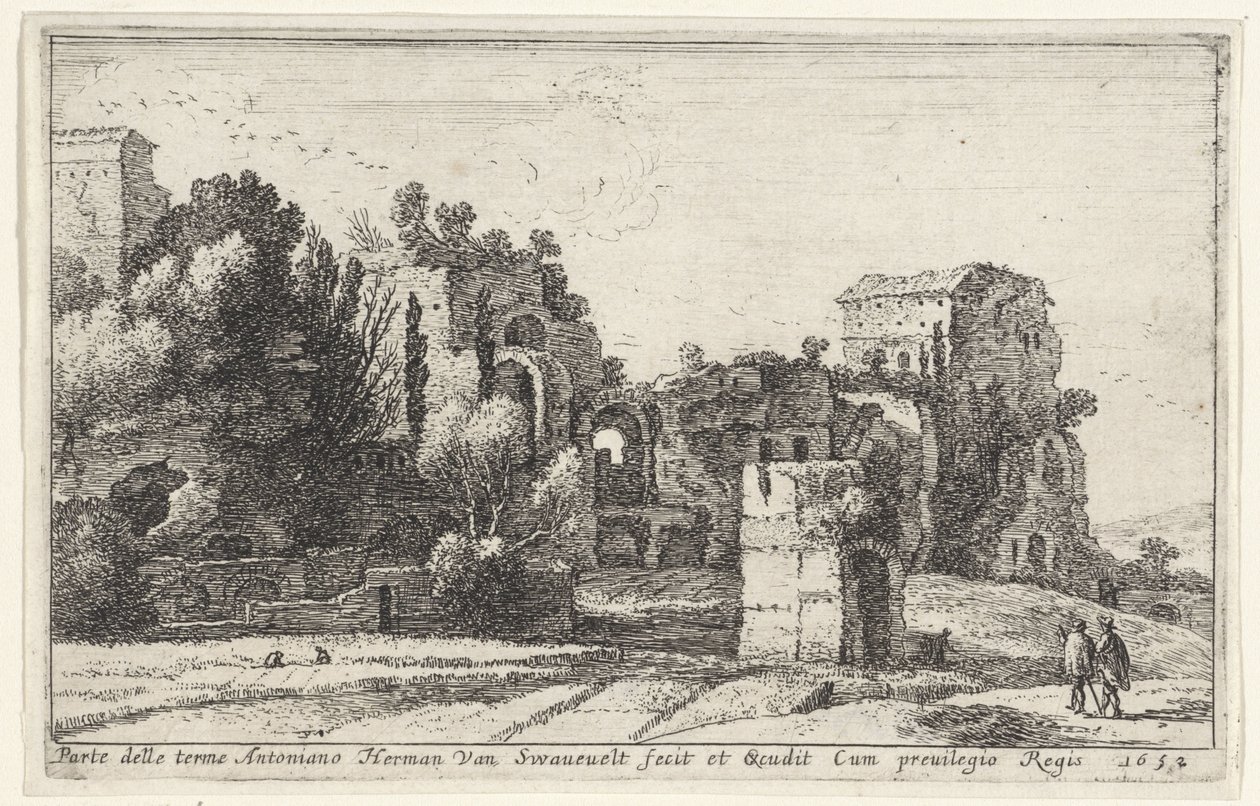 Udsigt over Caracalla-badene Parte delle terme Antoniano (titel på objekt) Titelside og tolv visninger af Rom og dets omgivelser (serietitel) Diverse veuës dedans et dehors de Rome (serietitel) af Herman van Swanevelt