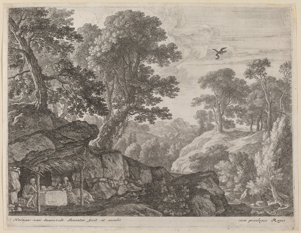 Saint Paul og Saint Anthony ved indgangen til hulen af Herman van Swanevelt