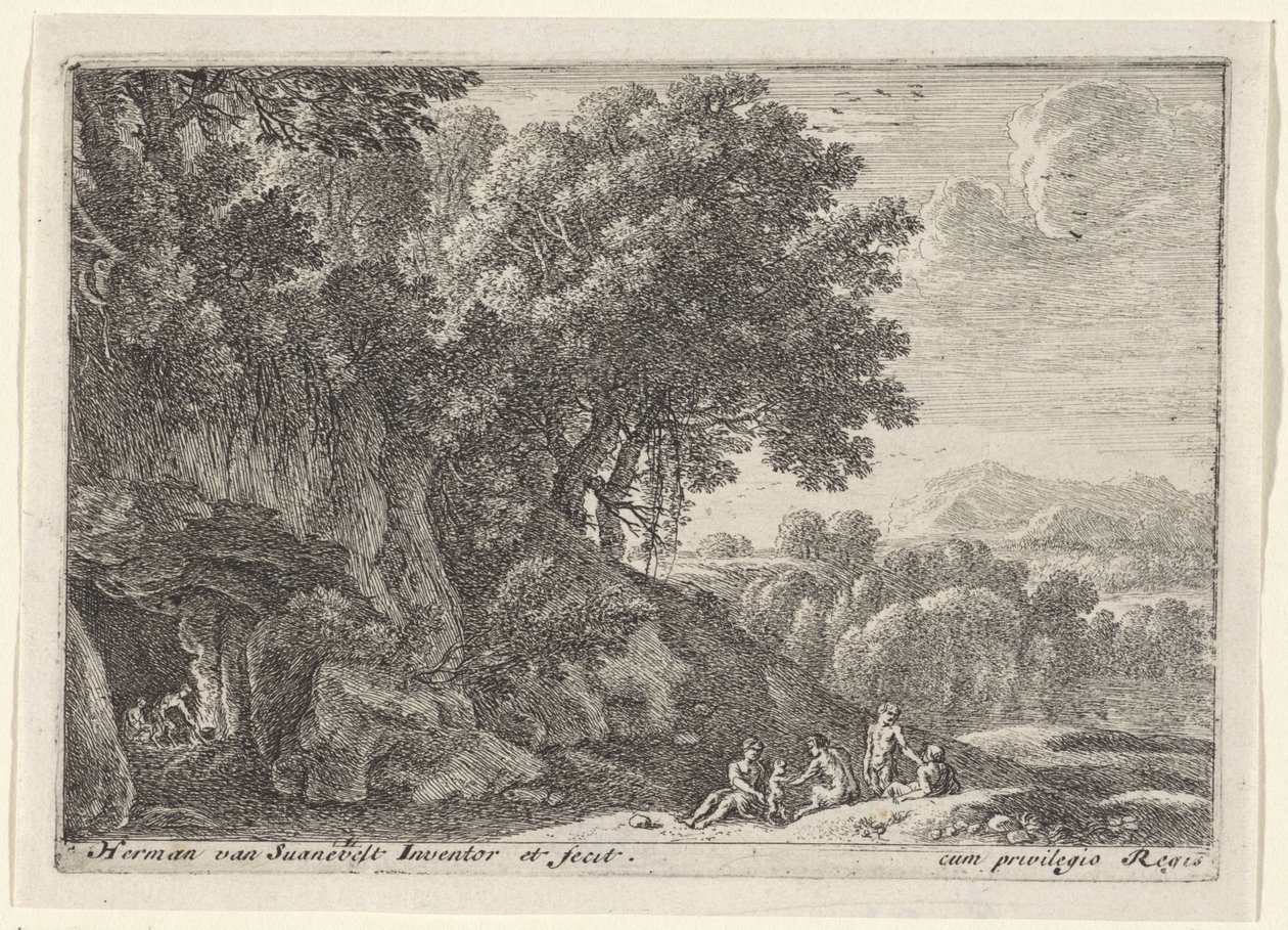 Satyrer omkring bålet i en hule Landskaber med satyrer (serietitel) af Herman van Swanevelt