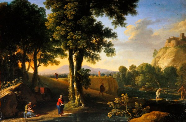 Den hellige familie i et landskab, ca. 1640 (olie på lærred) af Herman van Swanevelt