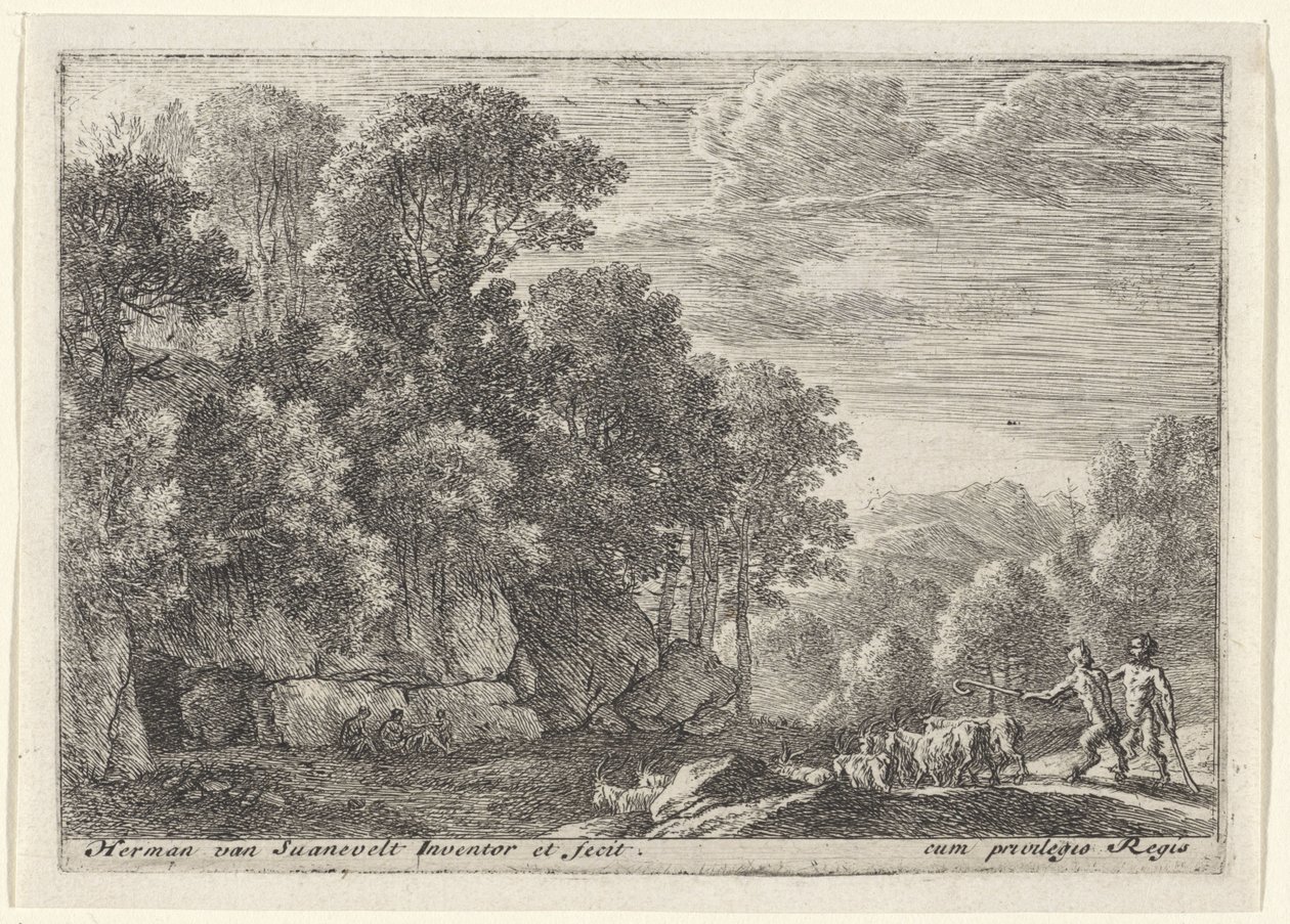 To satyrer med en flok geder Landskaber med satyrer (serietitel) af Herman van Swanevelt
