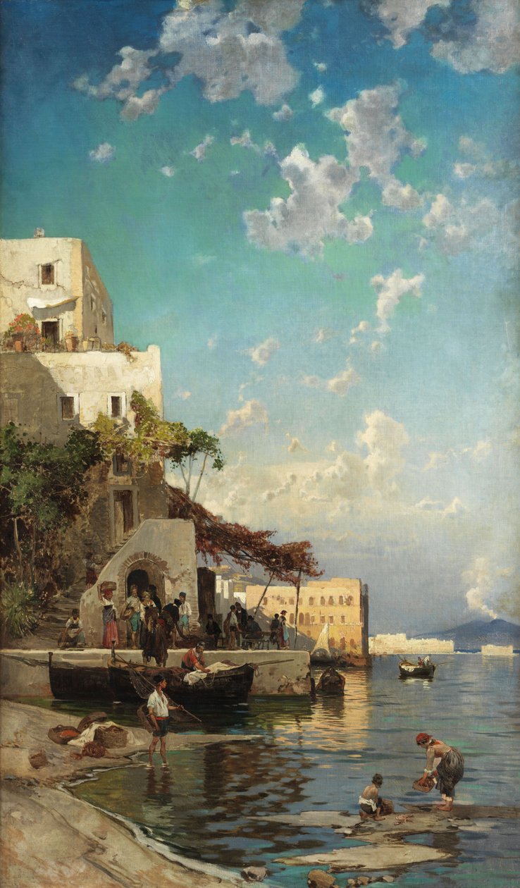 Aftensamling af fiskere i en taverne i Mergellina nær Napoli af Hermann David Salomon Corrodi