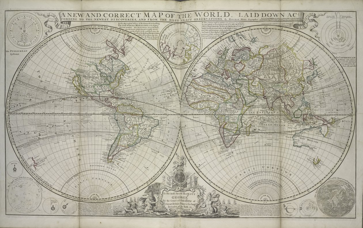 Et nyt og korrekt verdenskort opstillet i henhold til de nyeste opdagelser og fra de mest nøjagtige observationer, 1736 (håndfarvet tryk) af Hermann Moll