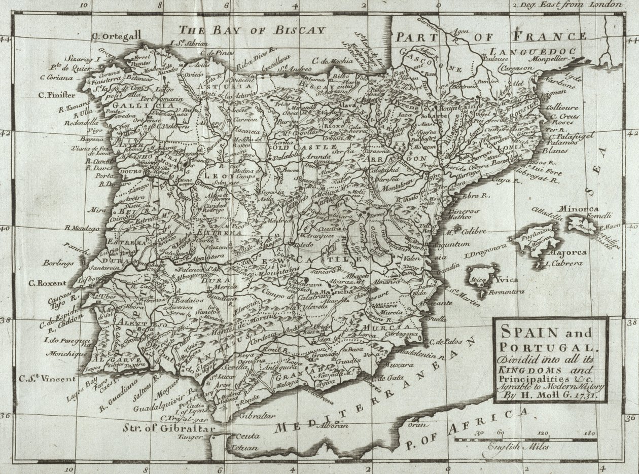 Kort over Spanien og Portugal, 1731 af Hermann Moll