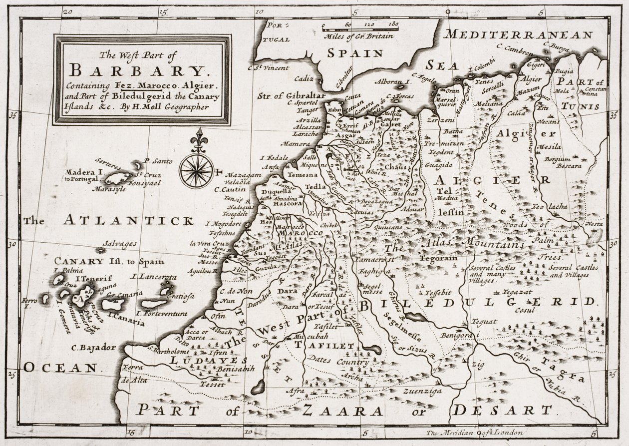 Kort over den vestlige del af Barbary, ca. 1720 af Hermann Moll