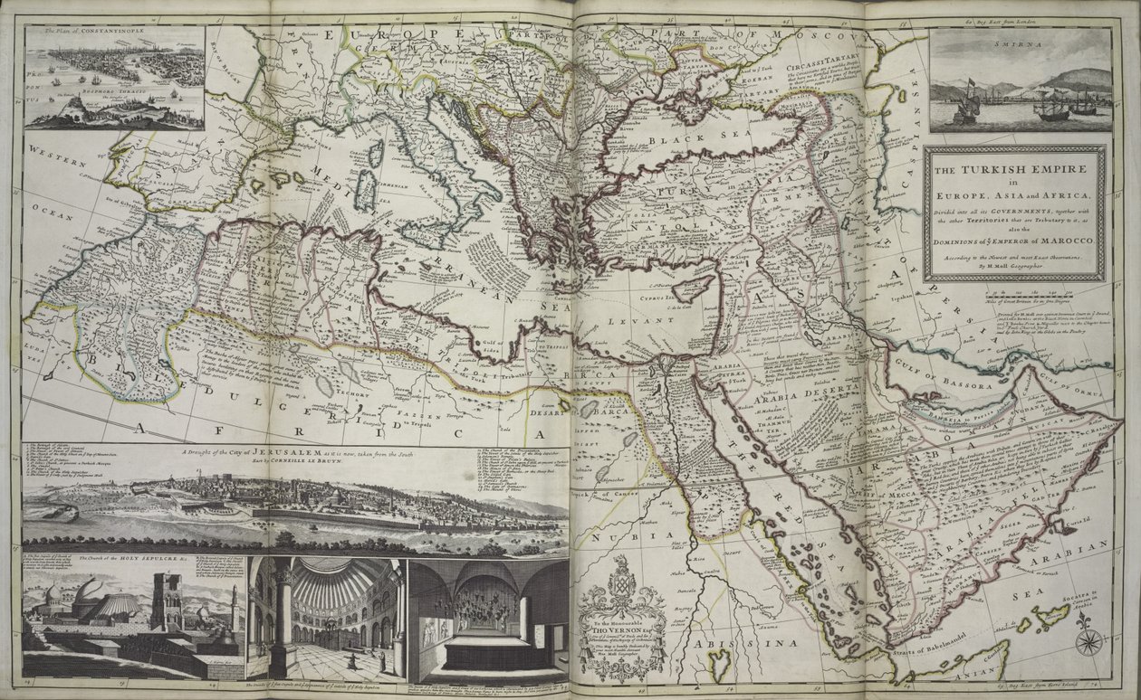 Det tyrkiske imperium i Europa, Asien og Afrika, 1736 (håndkoloreret tryk) af Hermann Moll