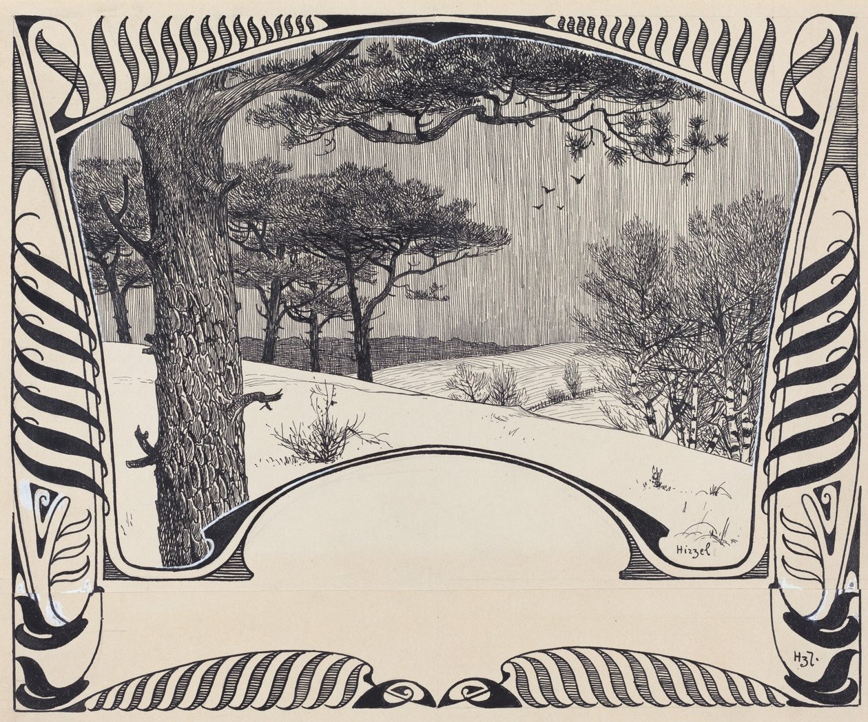Et vinterlandskab inden for en jugendstil-grænse af Hermann Hirzel