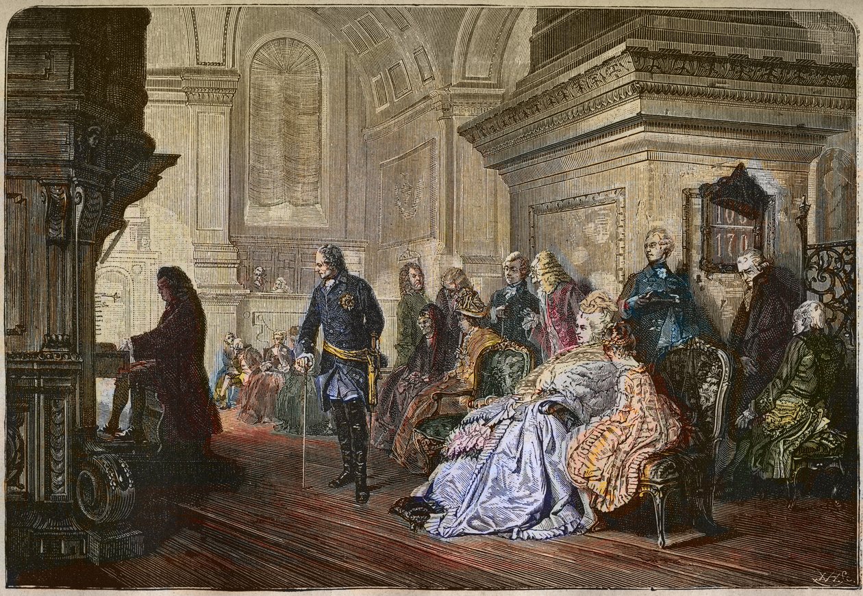 Kongen af Preussen Frederik II den Store (1712-1786) lytter til komponisten Jean Sebastian Bach, der spiller et hof, graverer efter et maleri af Kaulbach - Frederik II den Store, konge af Preussen, lytter til Johann Sebastian Bach ved orglet, Sanssouci af Hermann Kaulbach