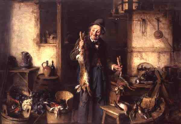 Køkkeninteriør med en mand der holder en hare (olie på panel) af Hermann Kern