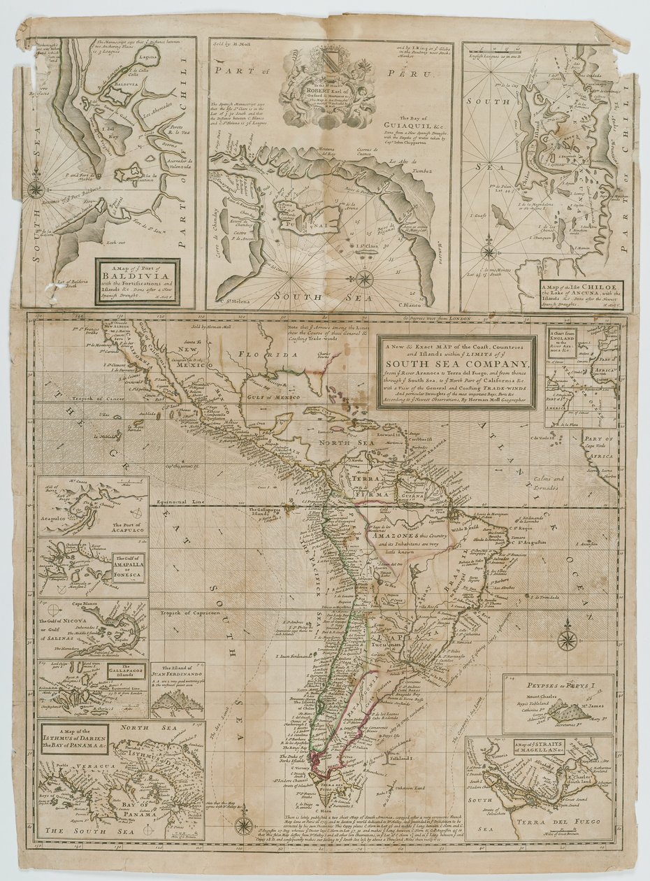 Et nyt og nøjagtigt kort over kystlandene og -øerne inden for Ye-grænserne for Ye South Sea Company af Hermann Moll