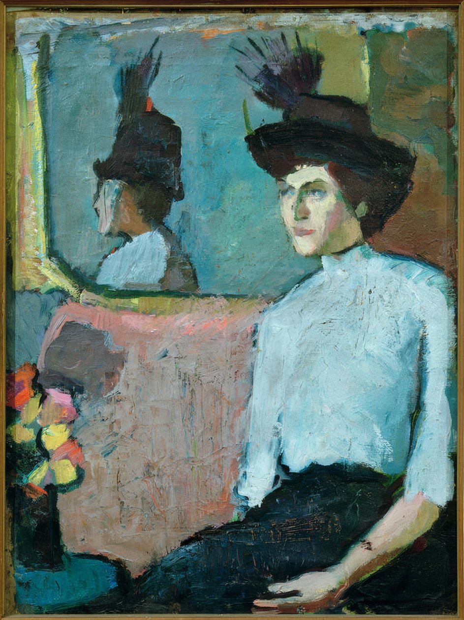 Dame med hat foran spejl af Hermann Stenner