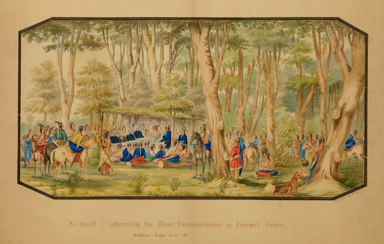 Sa-tan-ti henvender sig til fredskommissærerne i Council Grove, Medicine Lodge Creek, 1867. af Hermann Stieffel