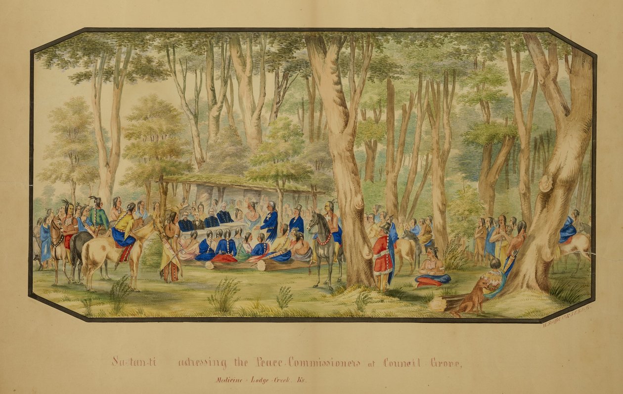 Sa-tan-ti taler til fredskommissærerne ved Council Grove, Medicine Lodge Creek af Hermann Stieffel