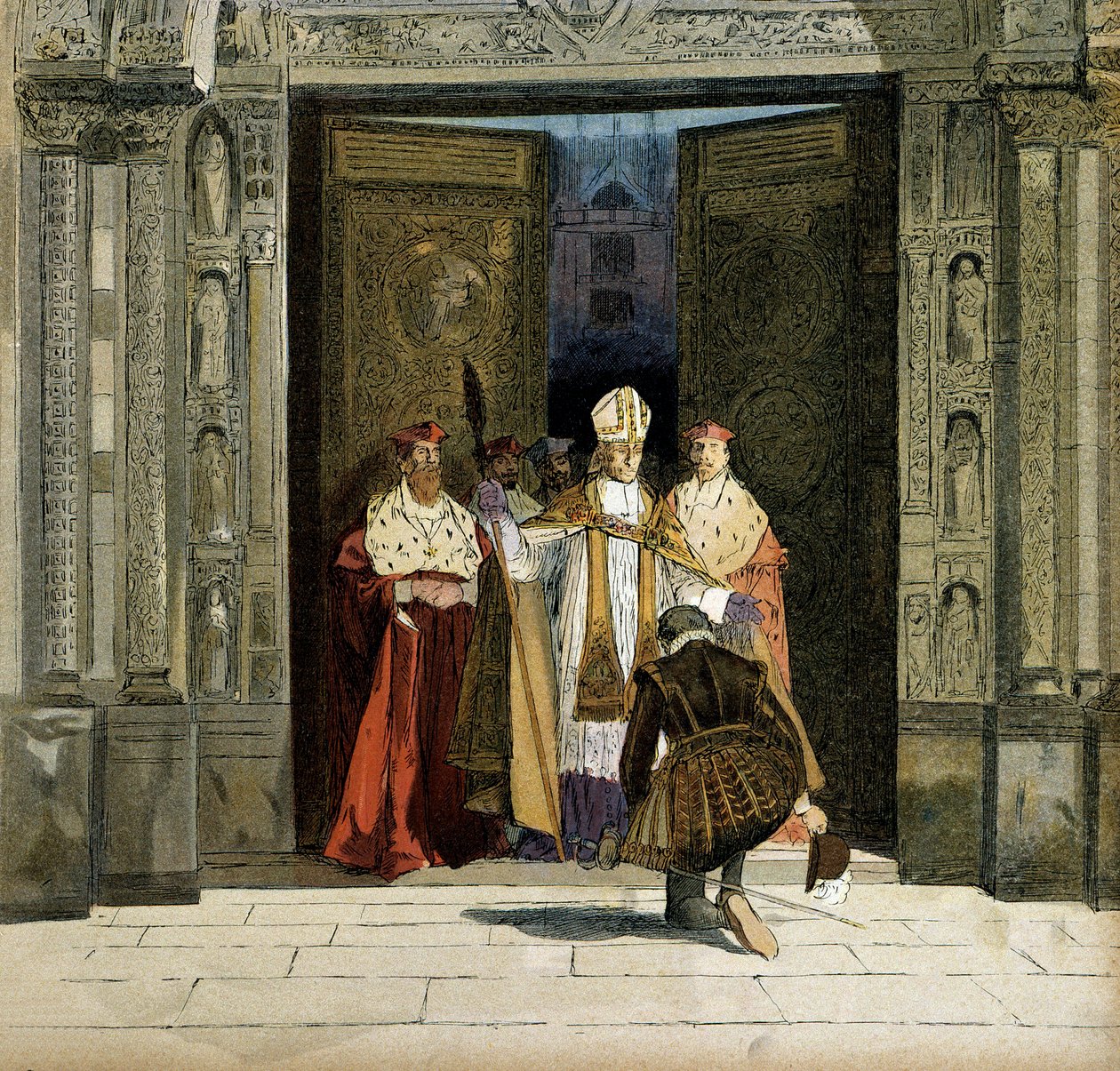 Afsættelse af Henrik IV (1553-1610) i klosteret Saint Denis i nærværelse af Bourges-buen, Renaud de Beaune (1527-1606). Kongen afbød protestantismen den 25. juli 1593. Illustration af Hermann Vogel (1856-1918) i "" Henri IV"" af Hermann Vogel