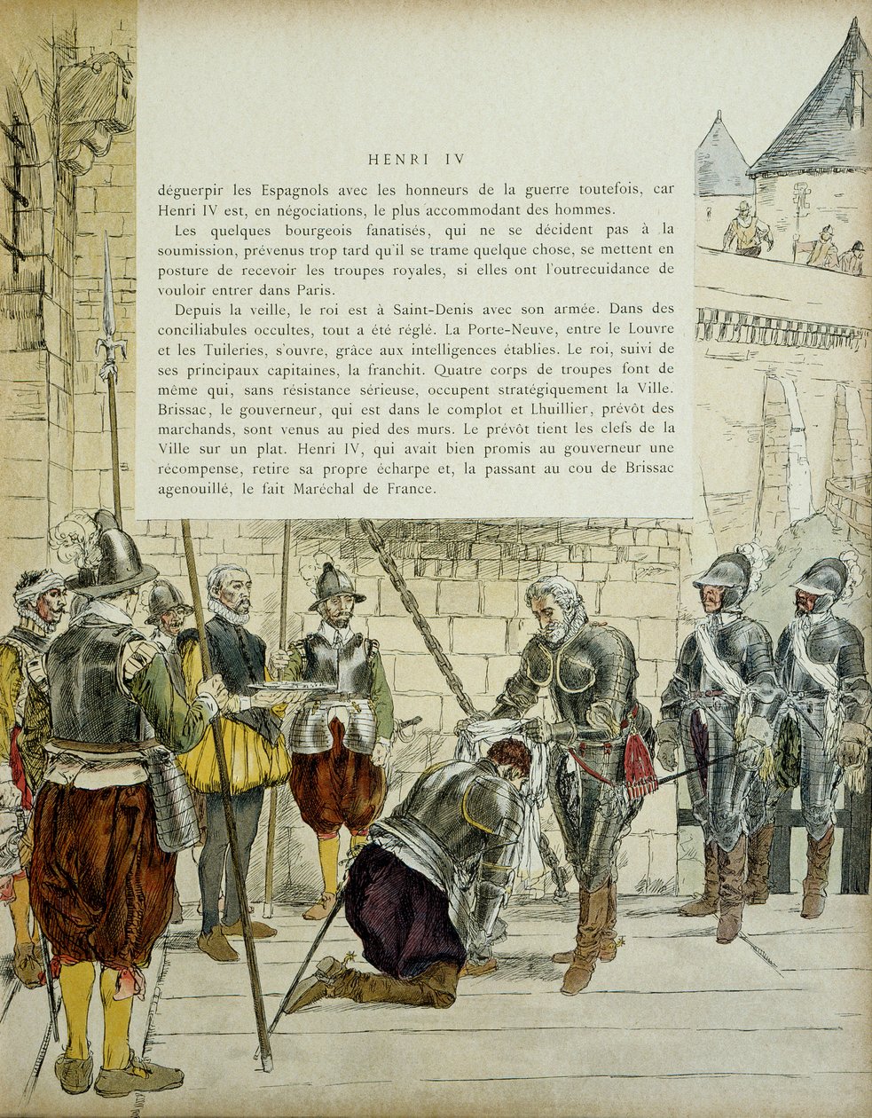Charles II af Cosse Brissac (Cosse-Brissac) (1562-1621 eller 1626) blev marchal af Frankrig af Henri IV (1553-1610), før han gik ind i Paris den 22. marts 1594. Den prevot af købmænd Jean Lhuillier (?), der stod ved siden af holderne byens nøgler. Illustra af Hermann Vogel