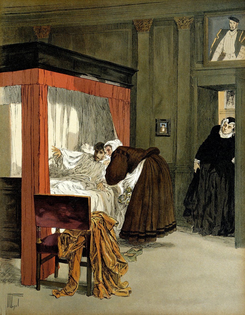 Charles IX (1550-1574), konge af Frankrig, døende med sin sygeplejerske. Illustration af Hermann Vogel (1856-1918) i "" Henri IV"" af Hermann Vogel