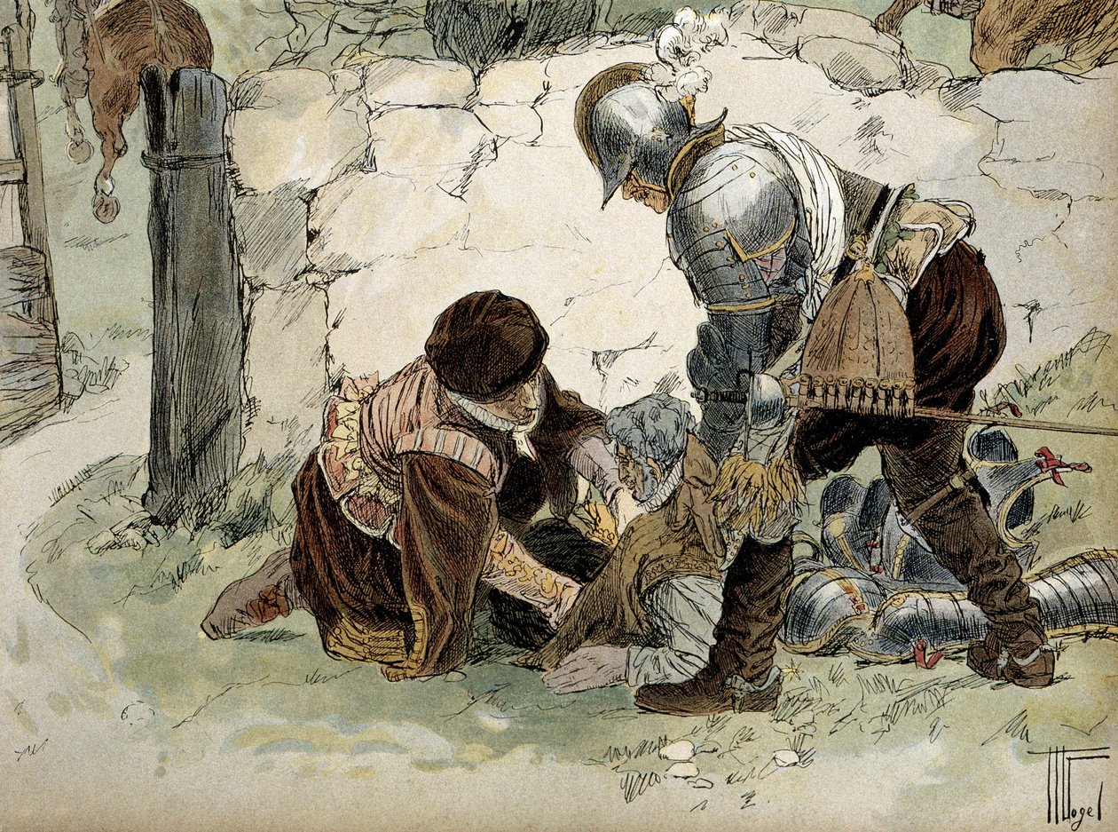 Henri IV (1553-1610) såret under en rekognosering på Aumale mod Mayenne-hæren. Illustration af Hermann Vogel (1856-1918) i “” Henri IV ”” af Hermann Vogel