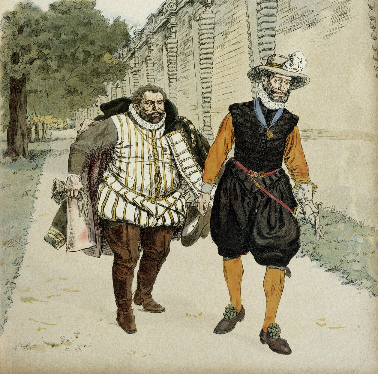 Henry IV (1553-1610) og Charles de Lorraine, hertug af Mayenne (1554-1611). Første forsonende interview mellem de to fjender, Mayenne, leder af benene og kongen, i haverne i Chateau de Montceaux, i Brie, i 1596. Illustration af Hermann Vogel