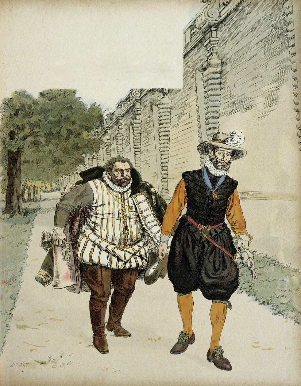 Henrik IV (1553-1610) og Charles de Lorraine, hertug af Mayenne (1554-1611). Første forsonende interview mellem de to fjender, Mayenne, leder af legueurs og kongen, i haverne ved Chateau de Montceaux, i Brie, i 1596. Illustration. af Hermann Vogel