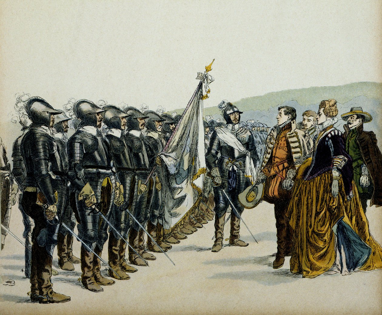 Jeanne af Albret eller Joan III af Albret (1528-1572) og hendes søn Henrik IV (1553-1610) før hendes protestantiske tropper. Illustration af Hermann Vogel (1856-1918) i "" Henri IV"" af Hermann Vogel