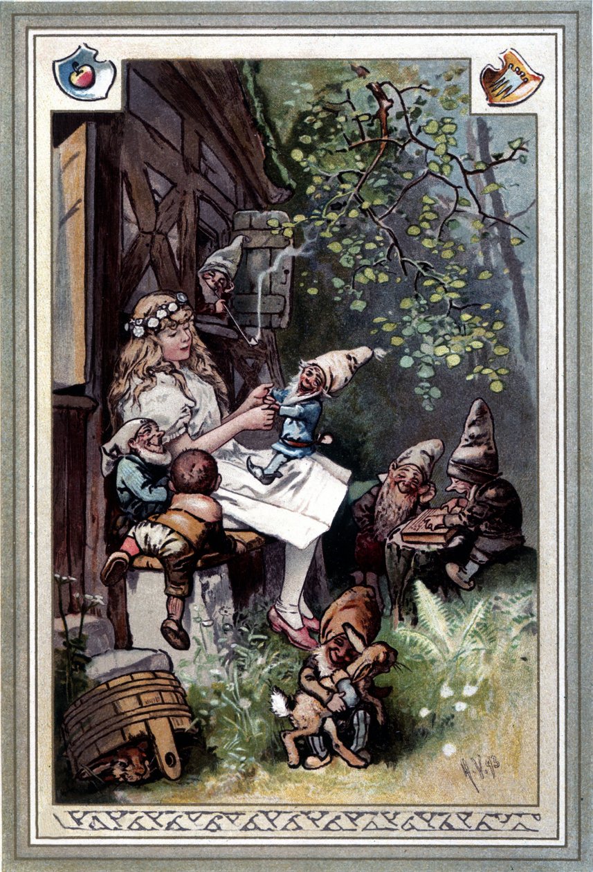 Kinder und hausmarchen (Fortælling om barndom og hjem) (1812): Brødrene Grimms fabler. Cover af Hermann Vogel 1894, der repræsenterer Snehvide og de syv dværge. af Hermann Vogel