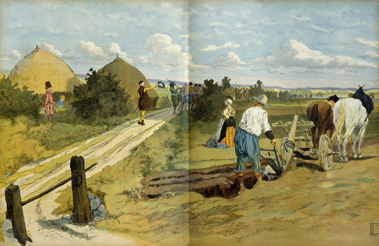 Bønderne så passagen af plyndrere og plyndrer, der blev taget til fange af den kongelige hær af Henrik IV (1553-1610). Illustration af Hermann Vogel