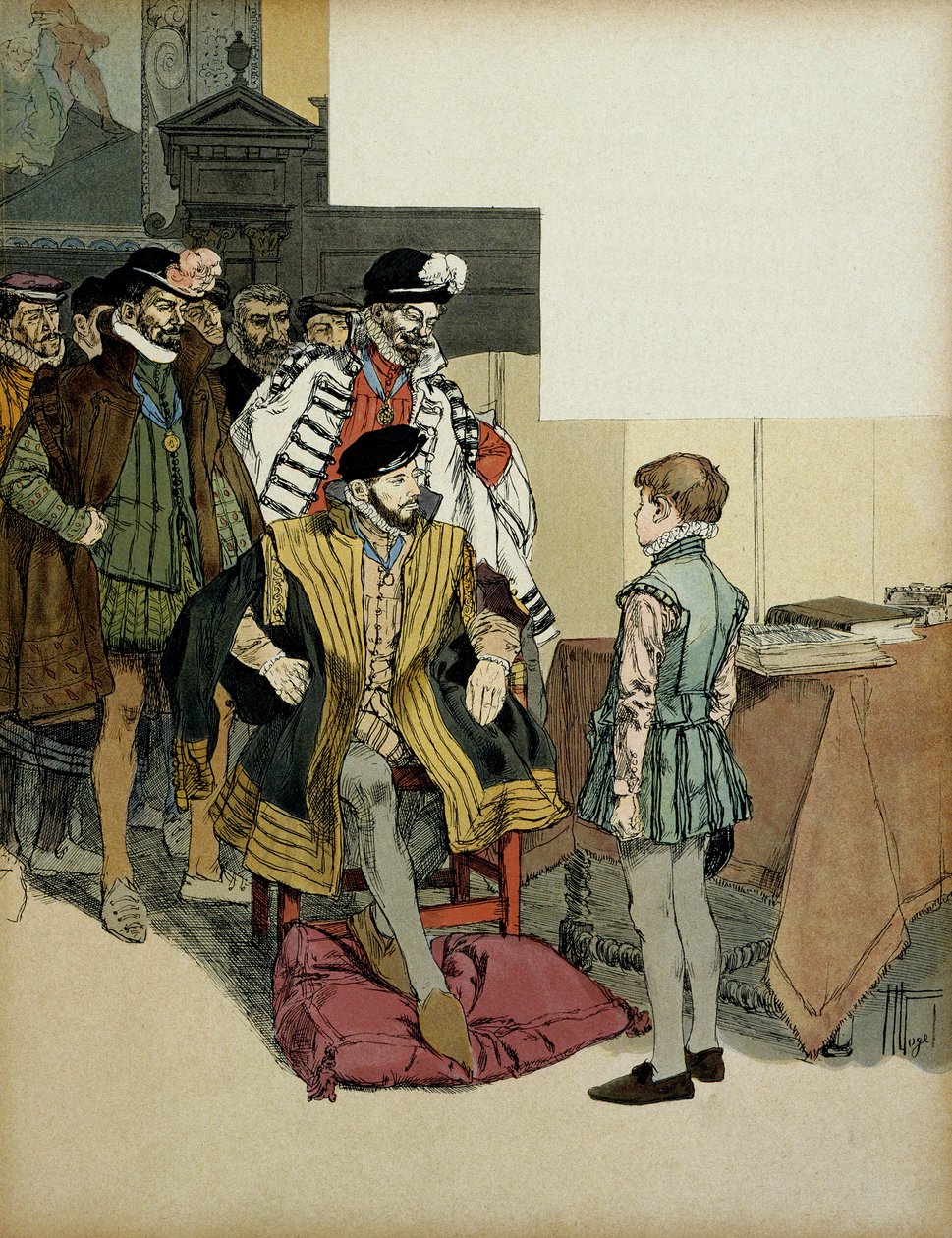 Kongen af Frankrig Henri II (1519-1559) omgivet af sine herrer kan godt lide at stille spørgsmålstegn ved Henrik IV (1553-1610) som et barn for hans skyld. Illustration af Hermann Vogel (1856-1918) i "" Henri IV"" af Hermann Vogel
