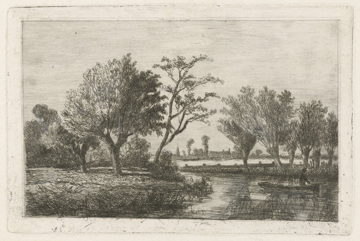 Flod med en lystfisker i en båd af Hermanus Jan Hendrik van Rijkelijkhuysen
