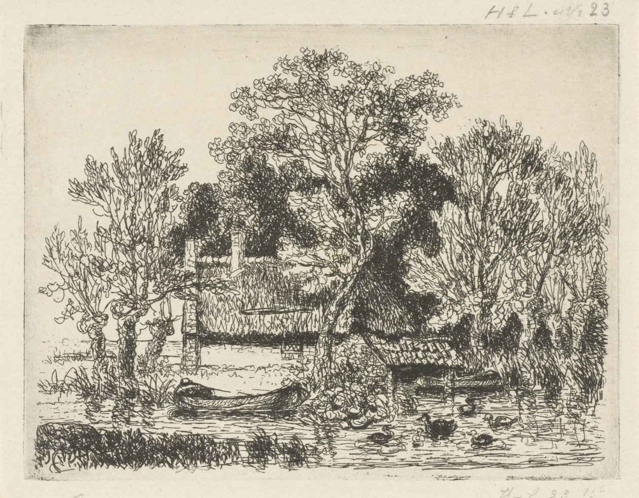 Udsigt over floden med en pram og ænder af Hermanus Jan Hendrik van Rijkelijkhuysen