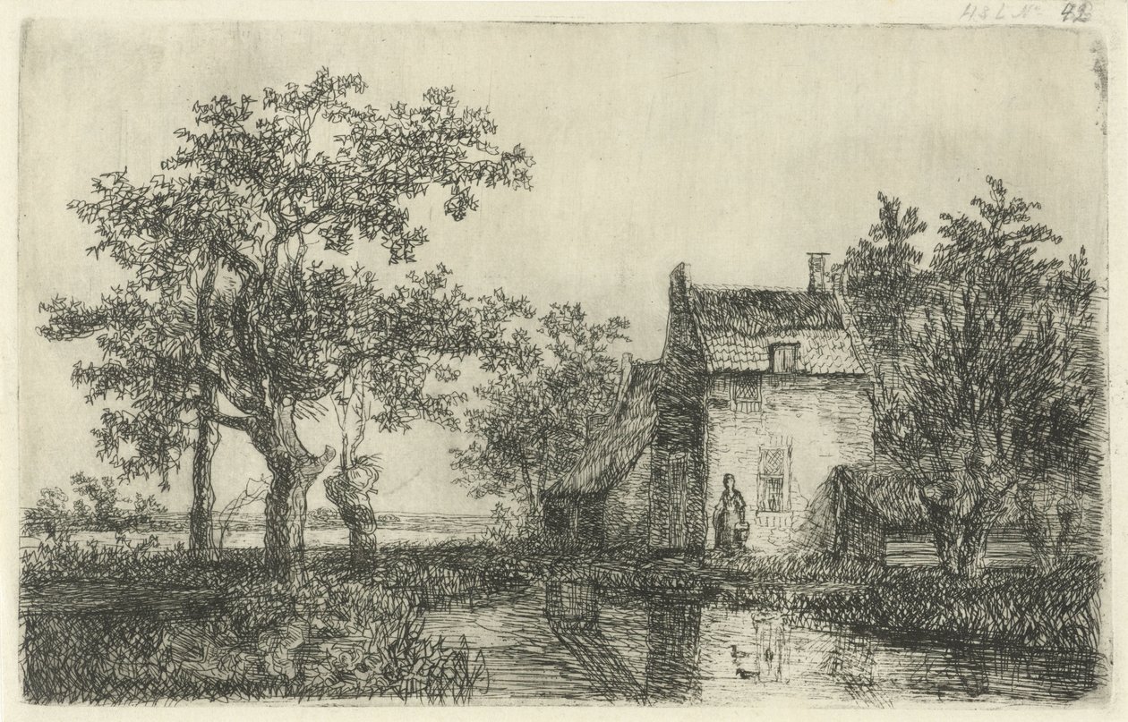 Kvinde med en kurv foran et bondehus på vandet af Hermanus Jan Hendrik van Rijkelijkhuysen