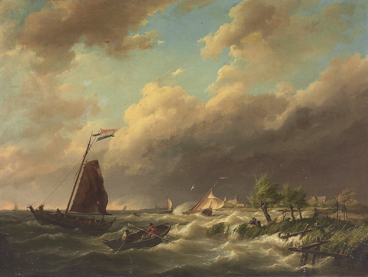 Stormfuld kystscene med byen bagved af Hermanus Koekkoek