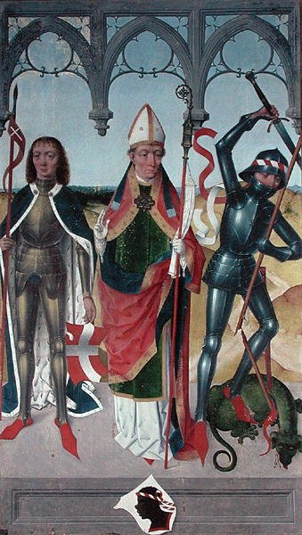 St. George, St. Nicholas og St. Victor af Marseille, fra St. Nicholas Kirkes højalter, 1481 (detaljeret) (se 197688, 197690-92) af Hermen Rode