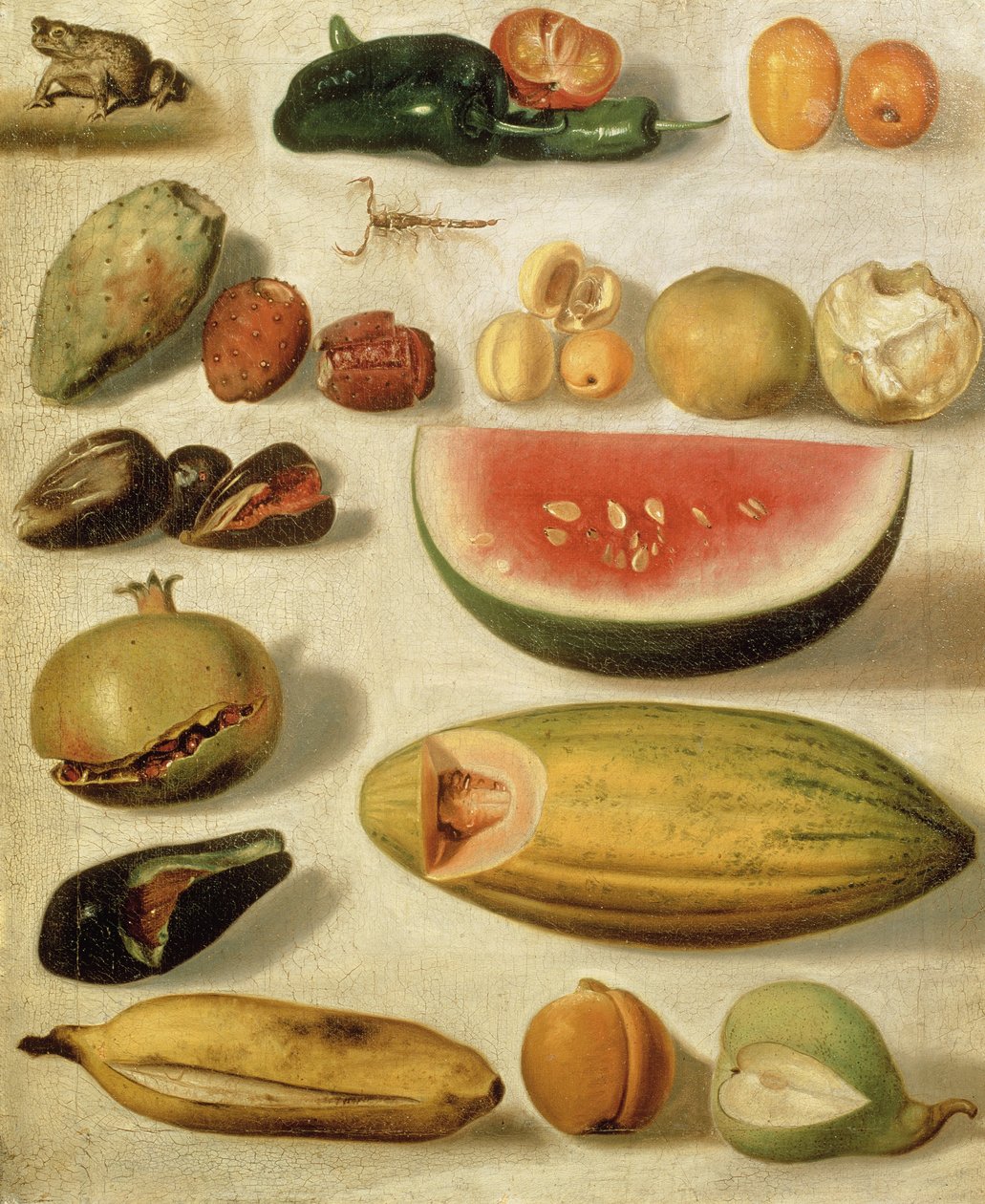 Stilleben med frugt (med skorpion og frø) af Hermenegildo Bustos