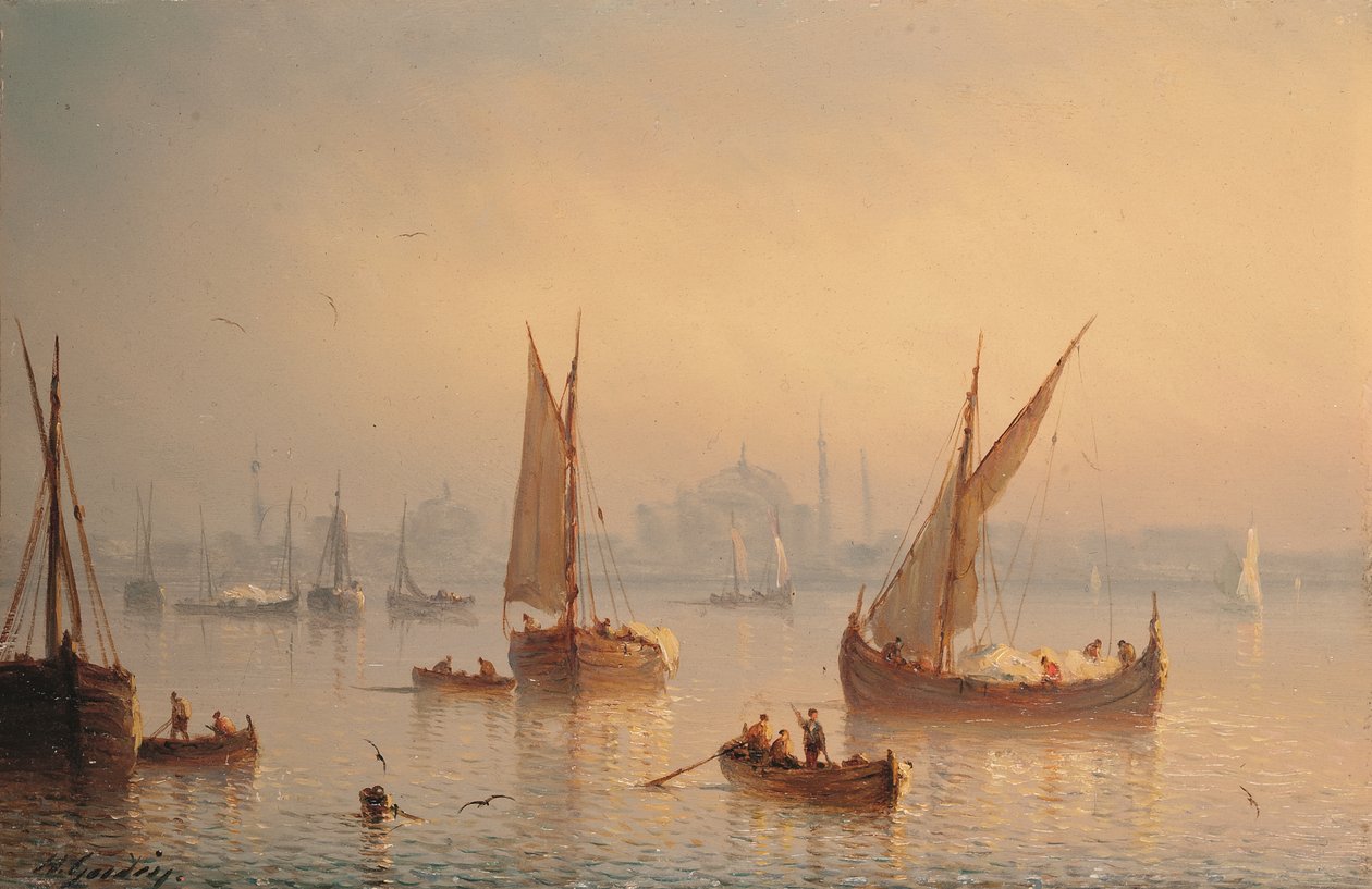 Fartøjer på Bosporus, Hagia Sophia-moskeen hinsides (olie på panel) af Herminie or Henriette (fl.1849 53) Gudin