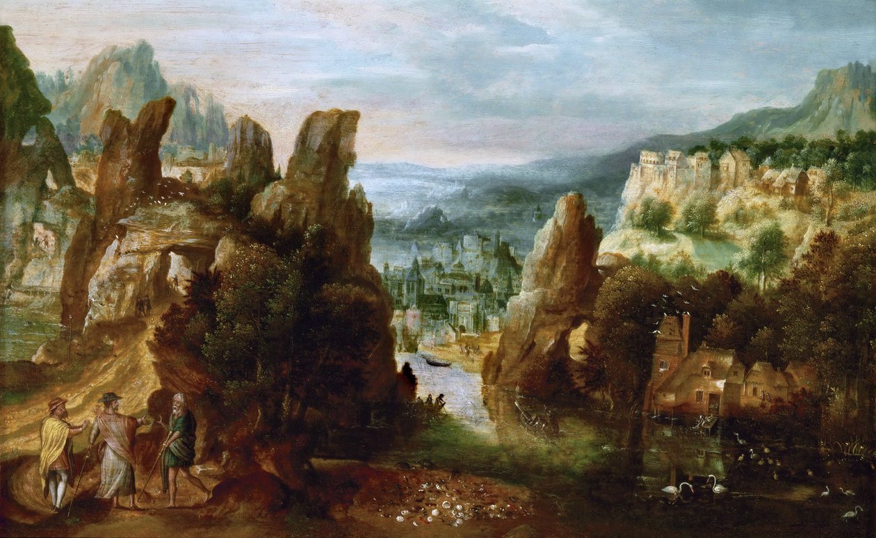 Landskab med vej til Emmaus - Landskab med vej til Emmaus - Henri de Herri met de Bles (1510-1550). Olie på træ, ca 1535-1540. Mål: 14,6 x 33,5 cm. Kunsthistorisk Museum, Wien af Herri met de (c.1510 p.1550) Bles