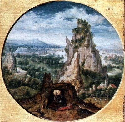 Sankt Hieronymus i anger i et fantastisk landskab af Herri met de (c.1510 p.1550) Bles