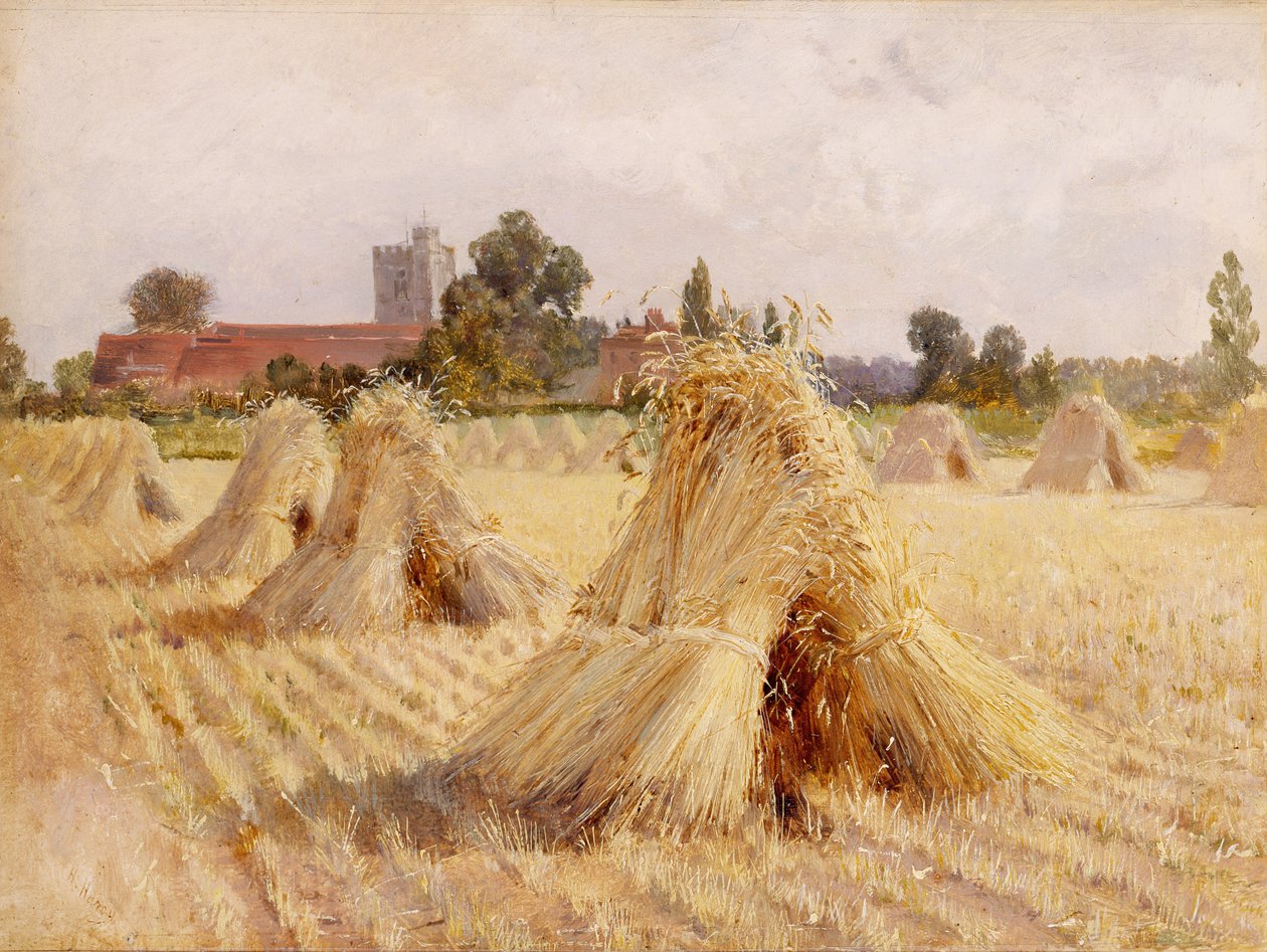 Corn Stokoks af Bray Church, 1872 (olie på papir lagt om bord) af Heywood Hardy