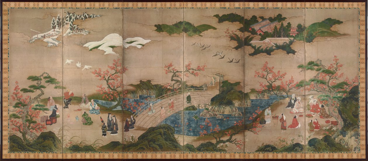 Tilskuerne til Erables (Ahorn-seere) - Paravent i seks paneler - Værk af Kano Hideyori (aktiv 1565-1576), akvarel og blæk på papir - Japansk kunst af Hideyori Kano