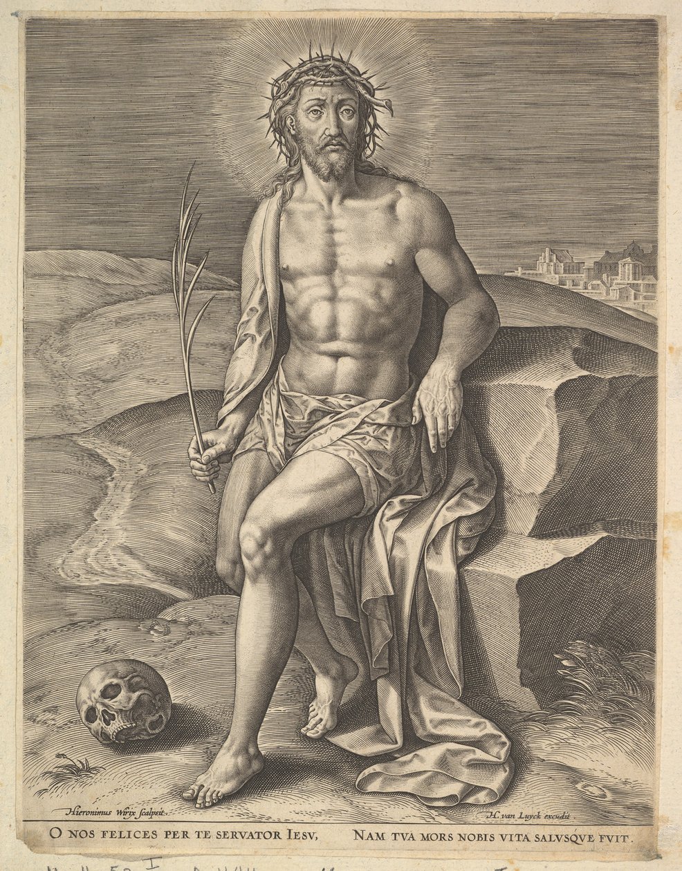 Kristus sidder på den kolde sten, før ca. 1586. af Hieronymous Wierix