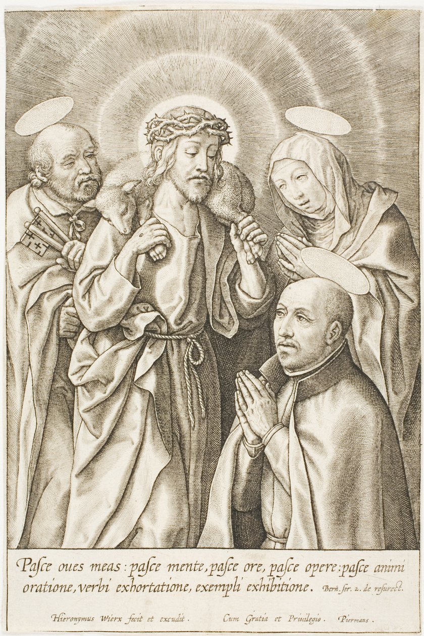 Ignatius af Loyola knælende foran Kristus, Jomfru Maria og Sankt Peter af Hieronymous Wierix
