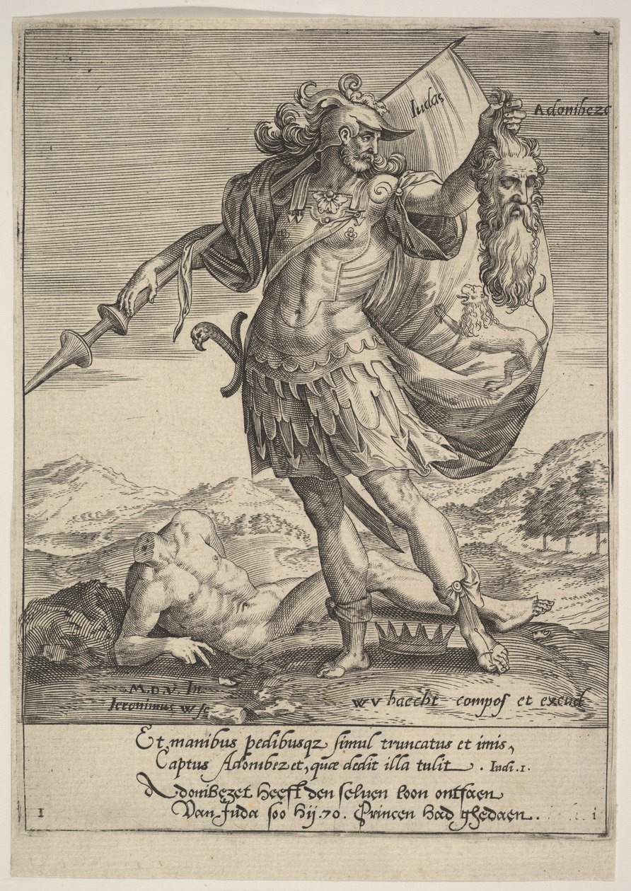 Juda med Adonibezeks hoved, fra Willem van Haecht, Tyrannorum proemia, 1578, 1578. af Hieronymous Wierix