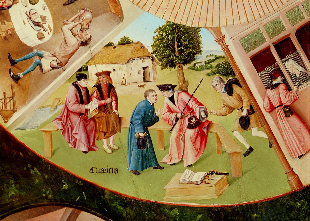 Grådighed, detalje fra tabellen over de syv dødssynder og de fire sidste ting, ca. 1480 (olie på træ) (se også 169586) af Hieronymus Bosch