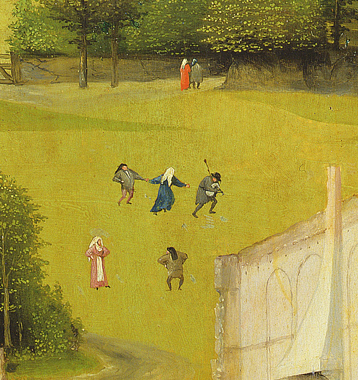 Magiernes tilbedelse, detalje af baggrundsfigurer, 1510 olie på paneldetalje af 3427 af Hieronymus Bosch