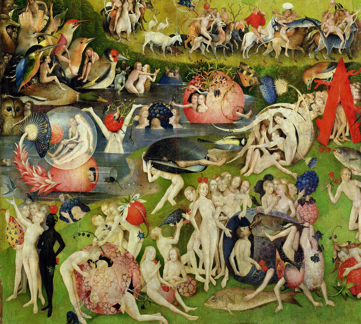 De jordiske glædernes have: Allegori om luksus, midterpanel af triptychon, ca. 1500 (detalje af 420) af Hieronymus Bosch