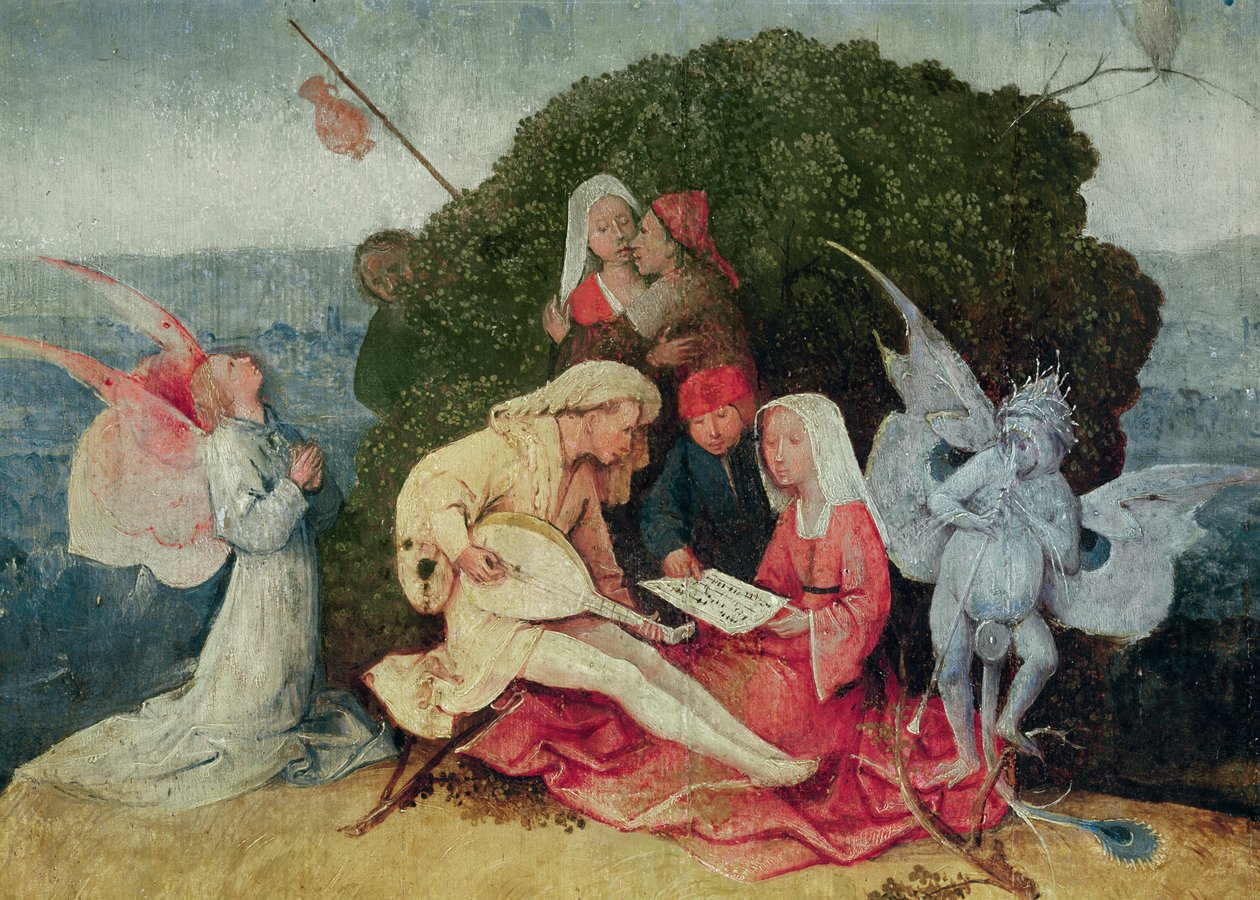 Musikerne på toppen af vognen, detalje af det centrale panel i Haywain-triptykken, ca. 1515 olie på panel detalje af 3429 af Hieronymus Bosch