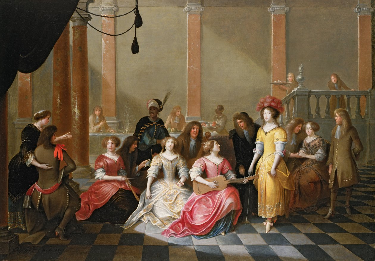 Et elegant selskab til musik før en banket af Hieronymus Janssens